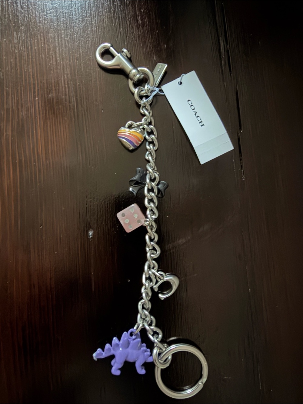 Coach Silver-Tone Bag Charm with Purple Dinosaur, Signature C,  Multicolor Heart